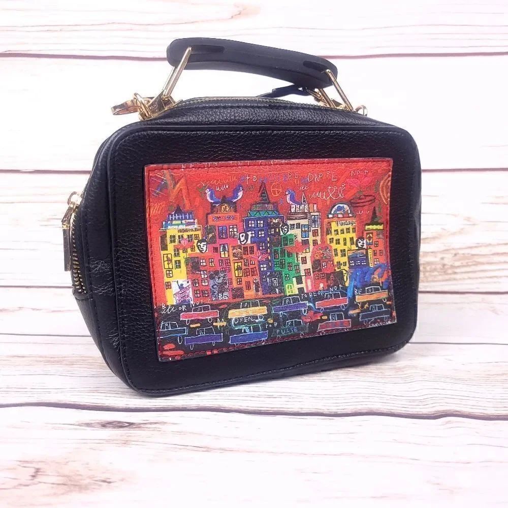Derimod Small Black Red Faux Leather Crossbody Bag Cityscape Box Purse